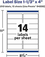 Avery Matte White Removable Rectangle Labels, Sure Feed Technology, 1-1/3" x 4", 210 Removable Labels, Laser/Inkjet Printable 210 labels