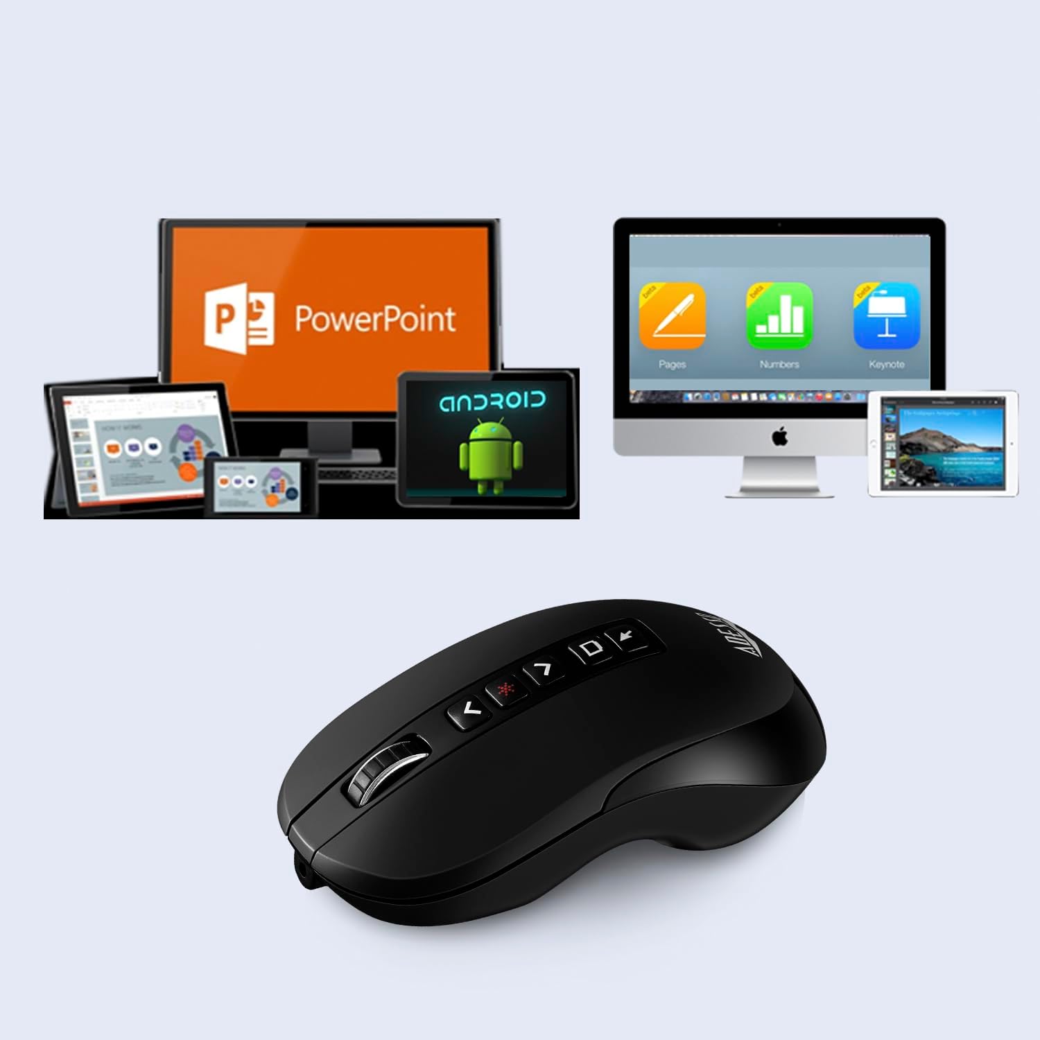 iMouse P40 Wireless Multifunctional Presenter Mouse, 2.4 GHz Frequency/100 ft Wireless Range, Left/Right, Black