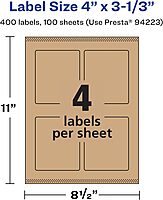 Avery Kraft Brown Rectangle Labels, Sure Feed Technology, 4" x 3-1/3", Print-to-the-Edge, Laser/Inkjet Printable