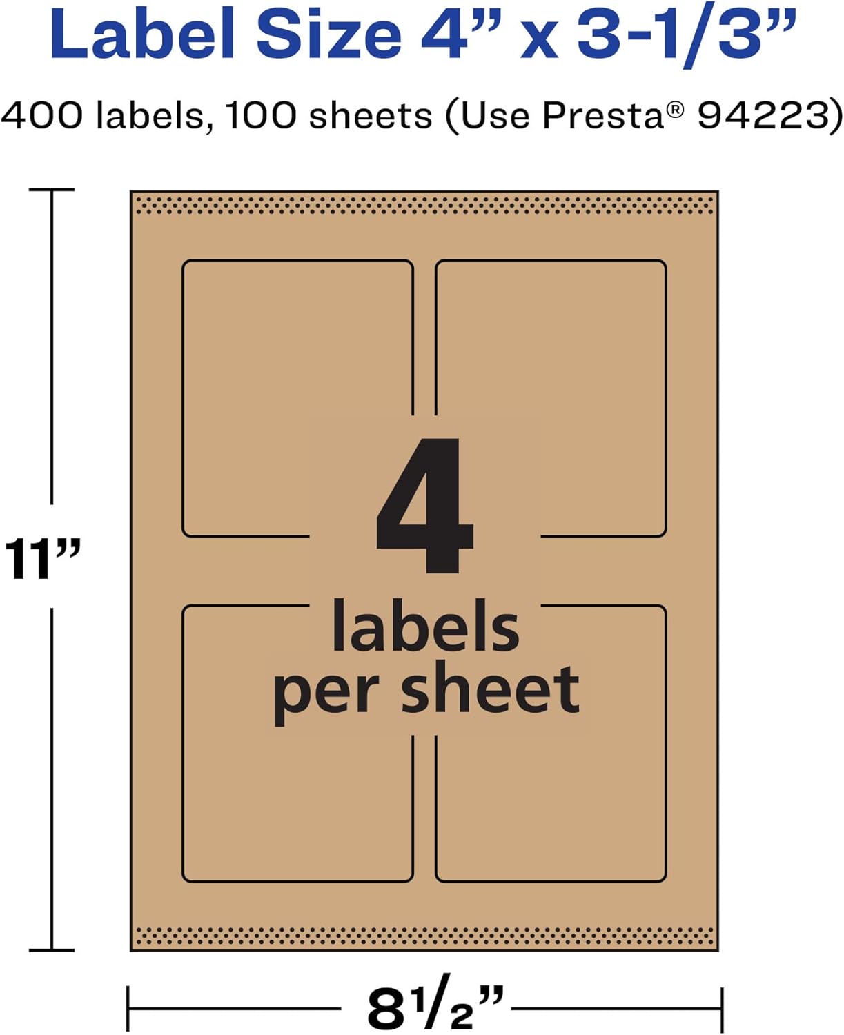 Avery Kraft Brown Rectangle Labels, Sure Feed Technology, 4" x 3-1/3", Print-to-the-Edge, Laser/Inkjet Printable