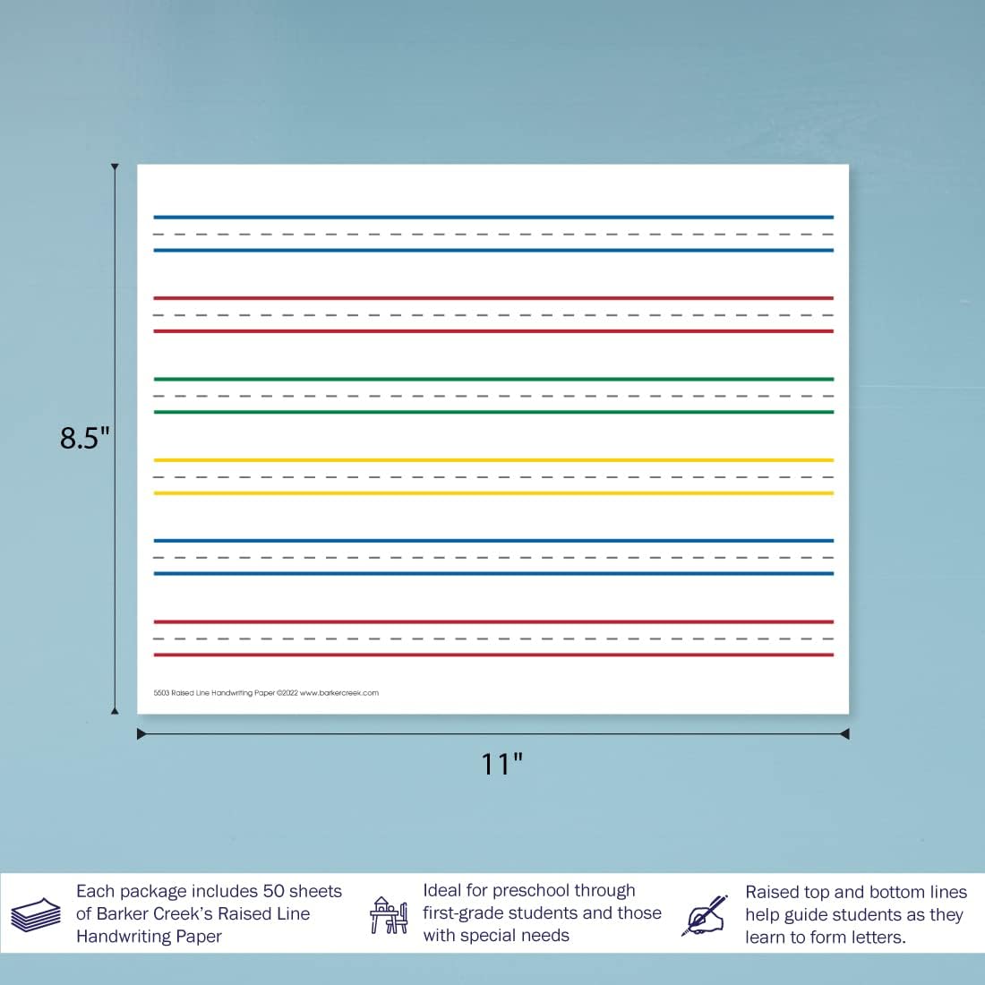 Barker Creek Raised Line Handwriting Paper with Color-Coded Raised Rules, 8.5 x 11