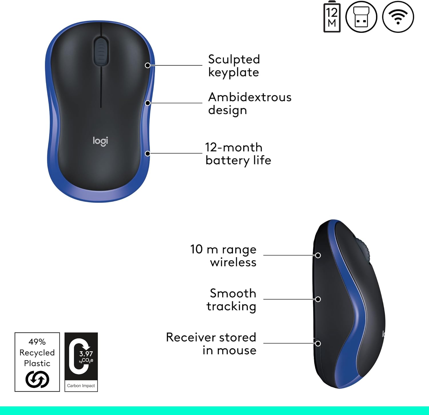 LOGITECH M185 Wireless Mouse, 2.4GHz with USB Nano Receiver, 1000 DPI, Ambidextrous