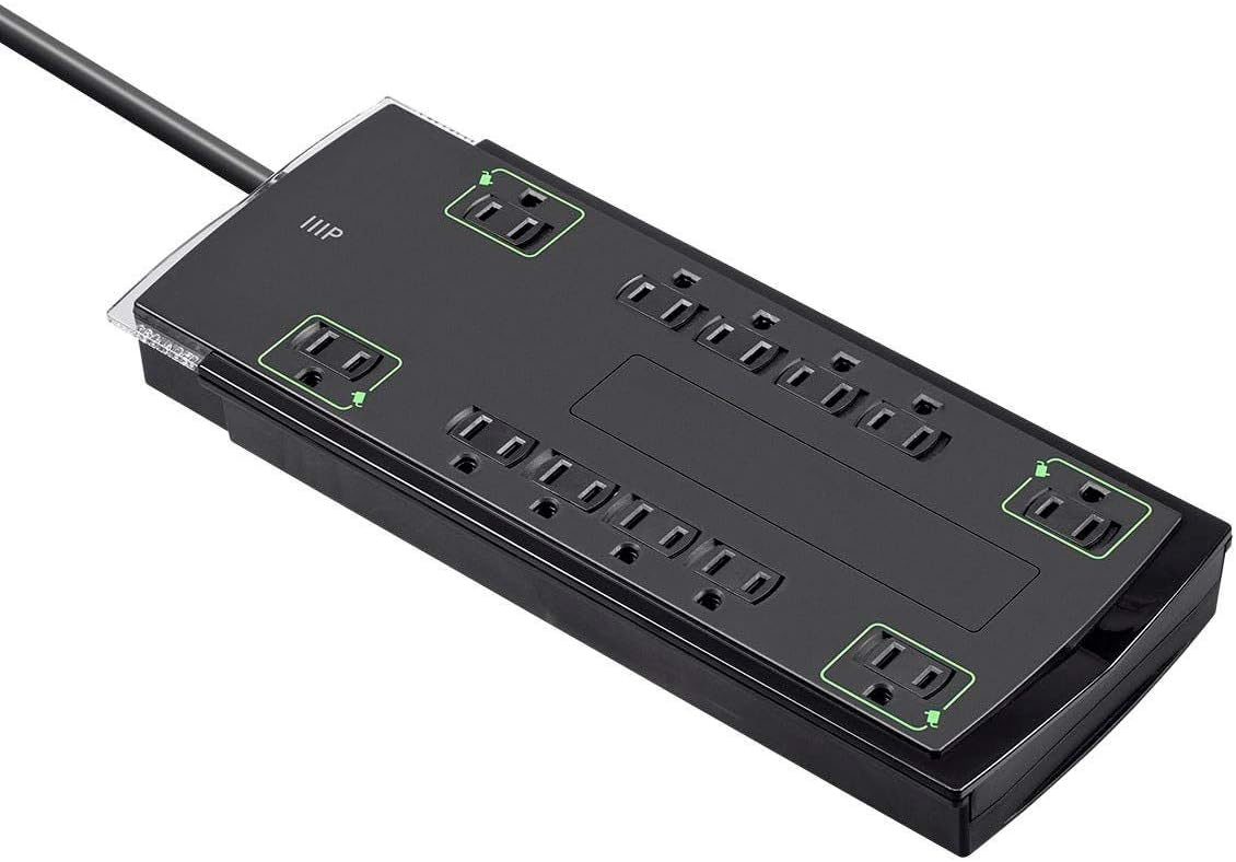 Monoprice 12 Outlet Slim Surge Protector Power Strip - 10 Feet - Black | Heavy Duty Cord | UL Rated, 4