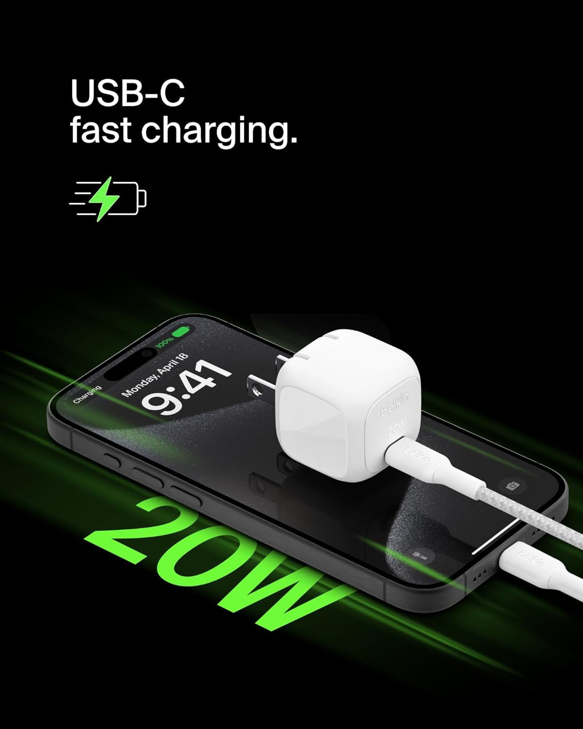 Belkin Compact Charger Block 20W, USB-C Power Delivery Fast Charging - Apple iPhone 16, 15, 14, 13, Plus, Pro
