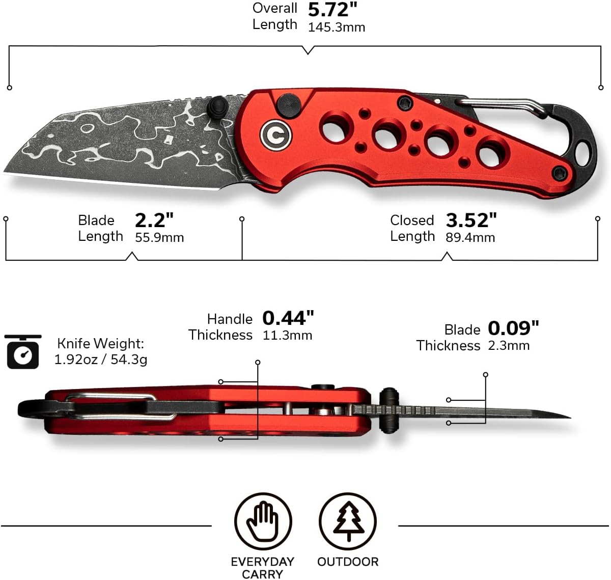CIVIVI Pragma Folding Knife 2.2" Wharncliffe, Aluminum Handle, Carabiner & Bottle Opener