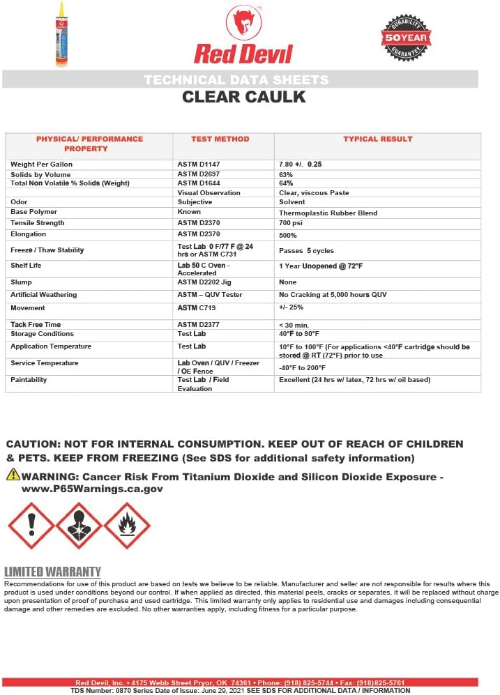 Red Devil 0870 Clear Caulk High Performance Adhesive Sealant, 10.1 Oz., Clear, 1 Pack