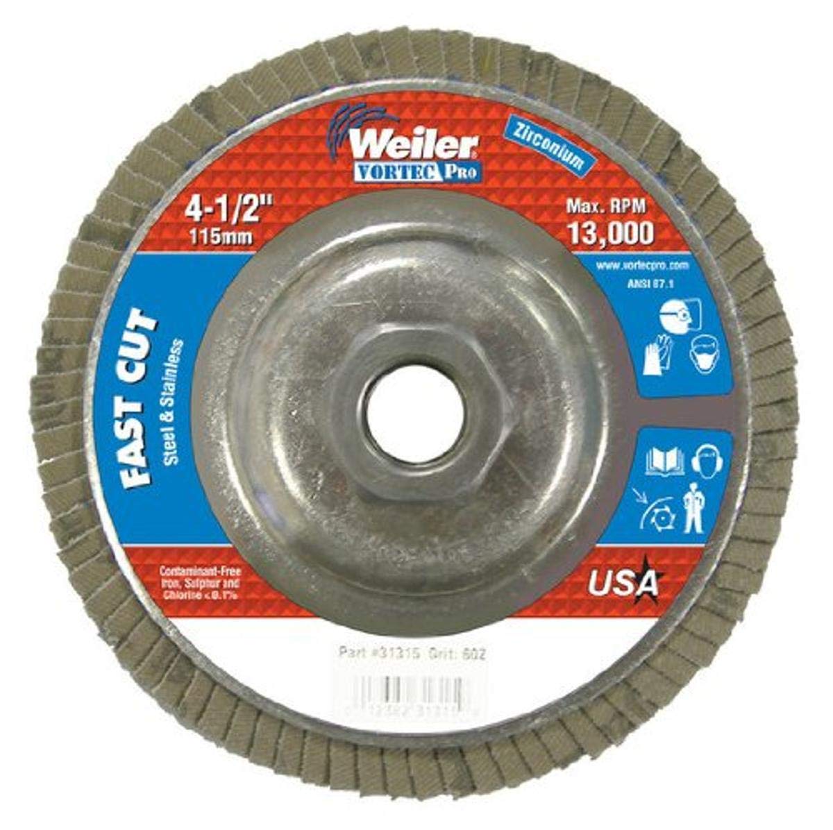 Weiler 804-31315 Vortec Pro Zirconia Alumina Type 29 Flap Disc, 60 Grit, 5/8-11 UNC, 13000 rpm, 4 1/2"