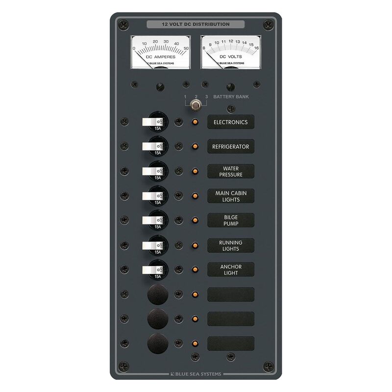 Blue Sea Systems 8082 PANEL DC 10 POS W/VOLT & AMTR DC 10 Position, 5-1/4" W x 11-1/2" H,black