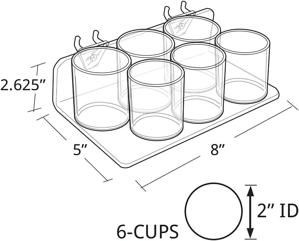 Azar Displays 225580-2pack 8" W x 5" D x 2.625" H 6-Cup Tray for Pegboard and Slatwall (2 Pack)