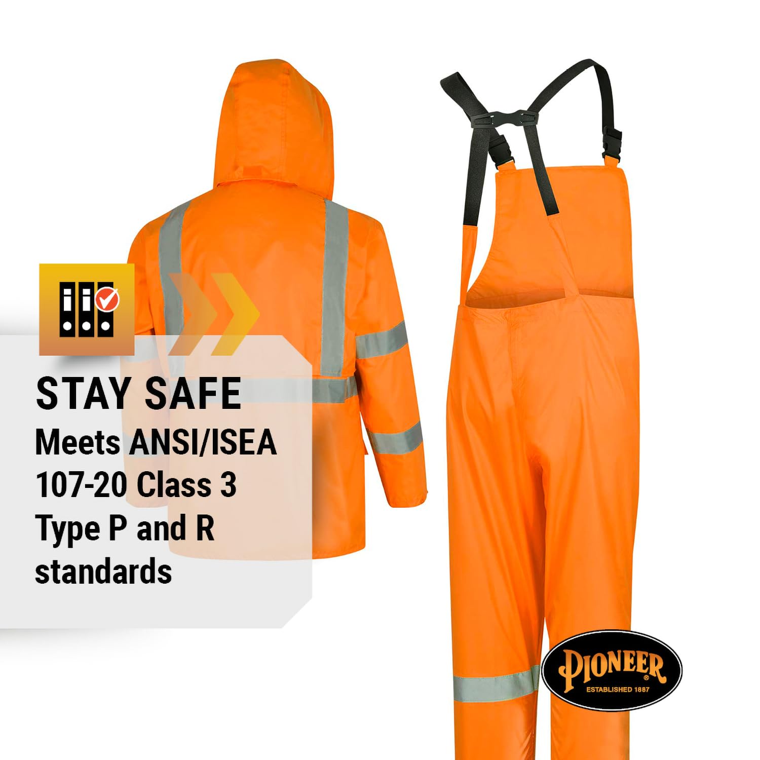 Pioneer High Visibility Rain Gear Safety Jacket and Bib Pants – Hi Vis Waterproof Reflective PVC Work Suit for Men