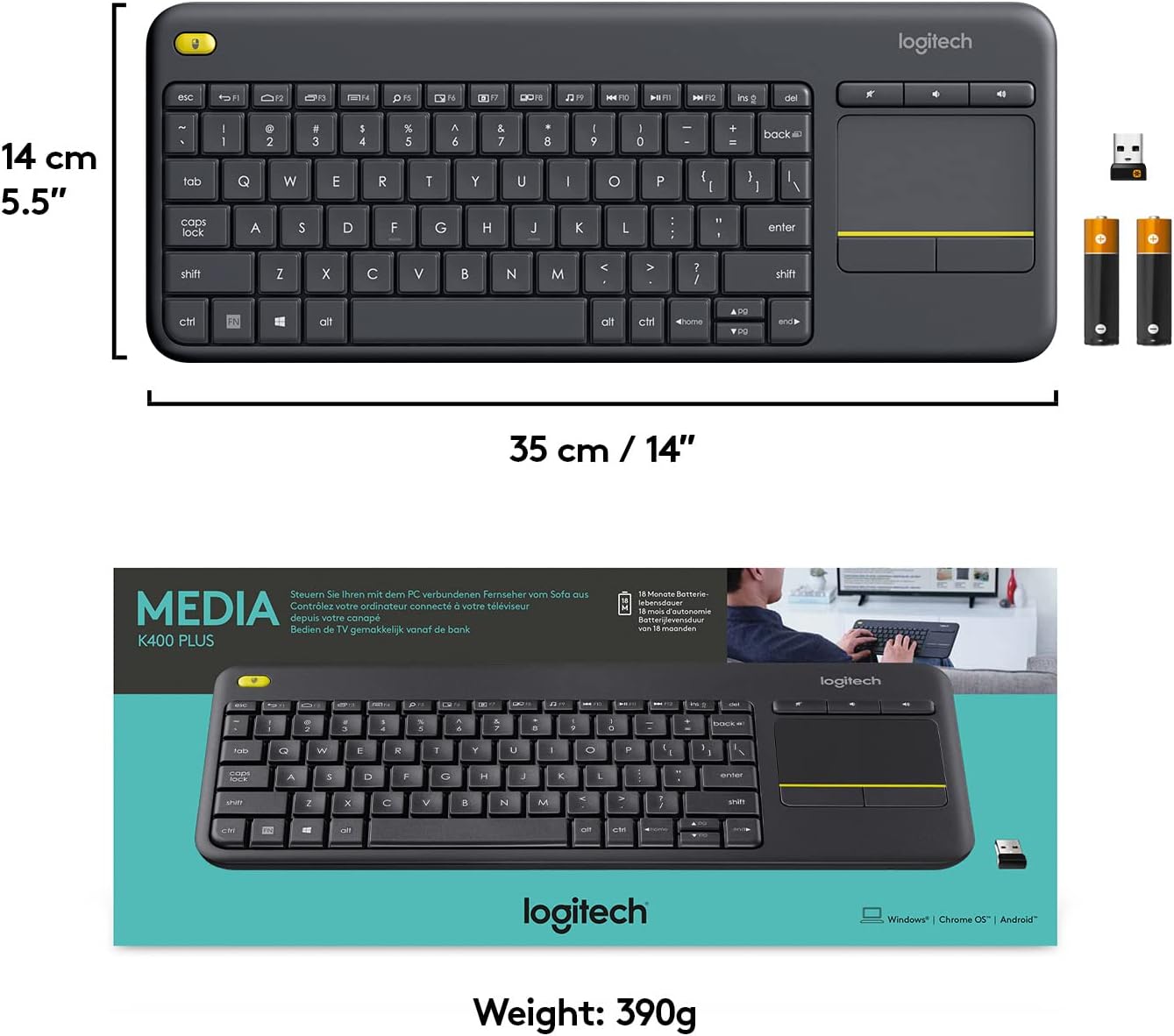 Logitech K400 Plus Wireless Touch TV Keyboard With Easy Media Control and Built-in Touchpad