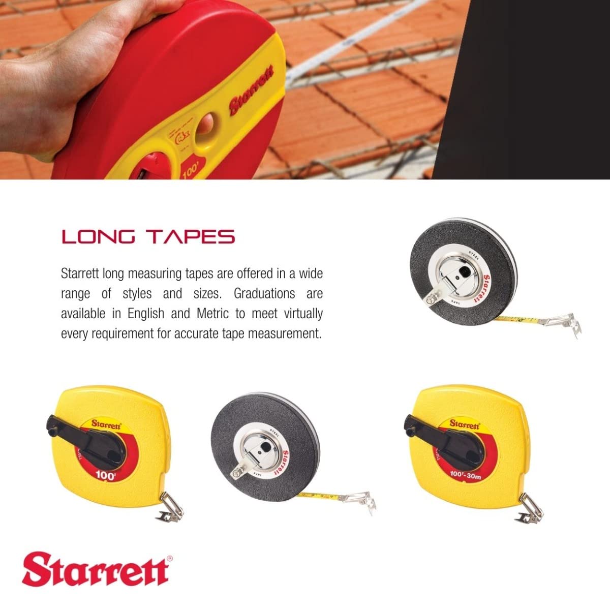 Starrett Retractable Imperial Long Line Tape with ABS Plastic Case and Folding Hook Ring - 100' Length, 3/8" Width