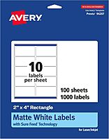 Avery Matte White Rectangle Labels, Sure Feed Technology, 2" x 4"