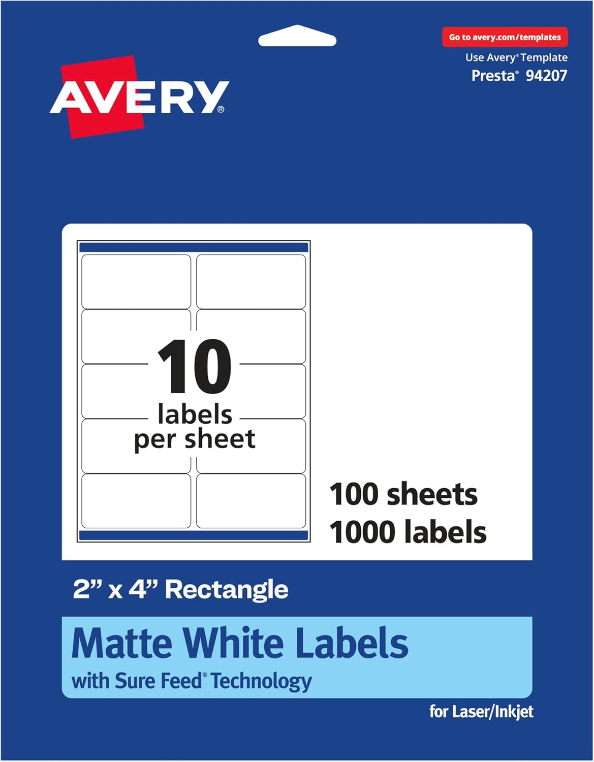 Avery Matte White Rectangle Labels, Sure Feed Technology, 2" x 4"