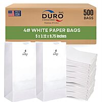 Duro 4# White Paper Bags 500-Count, White Paper Lunch Bags for Popcorn, Candy, Snacks & Treats, Bulk Disposable Lunch Sacks - 5.00 x3.12 x 9.75 Inches