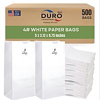 Duro 4# White Paper Bags 500-Count, White Paper Lunch Bags for Popcorn, Candy, Snacks & Treats, Bulk Disposable Lunch Sacks - 5.00 x3.12 x 9.75 Inches