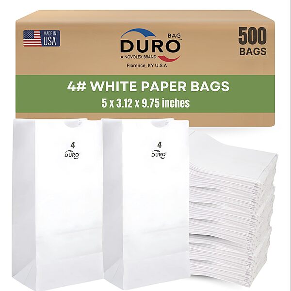 Duro 4# White Paper Bags 500-Count, White Paper Lunch Bags for Popcorn, Candy, Snacks & Treats, Bulk Disposable Lunch Sacks - 5.00 x3.12 x 9.75 Inches