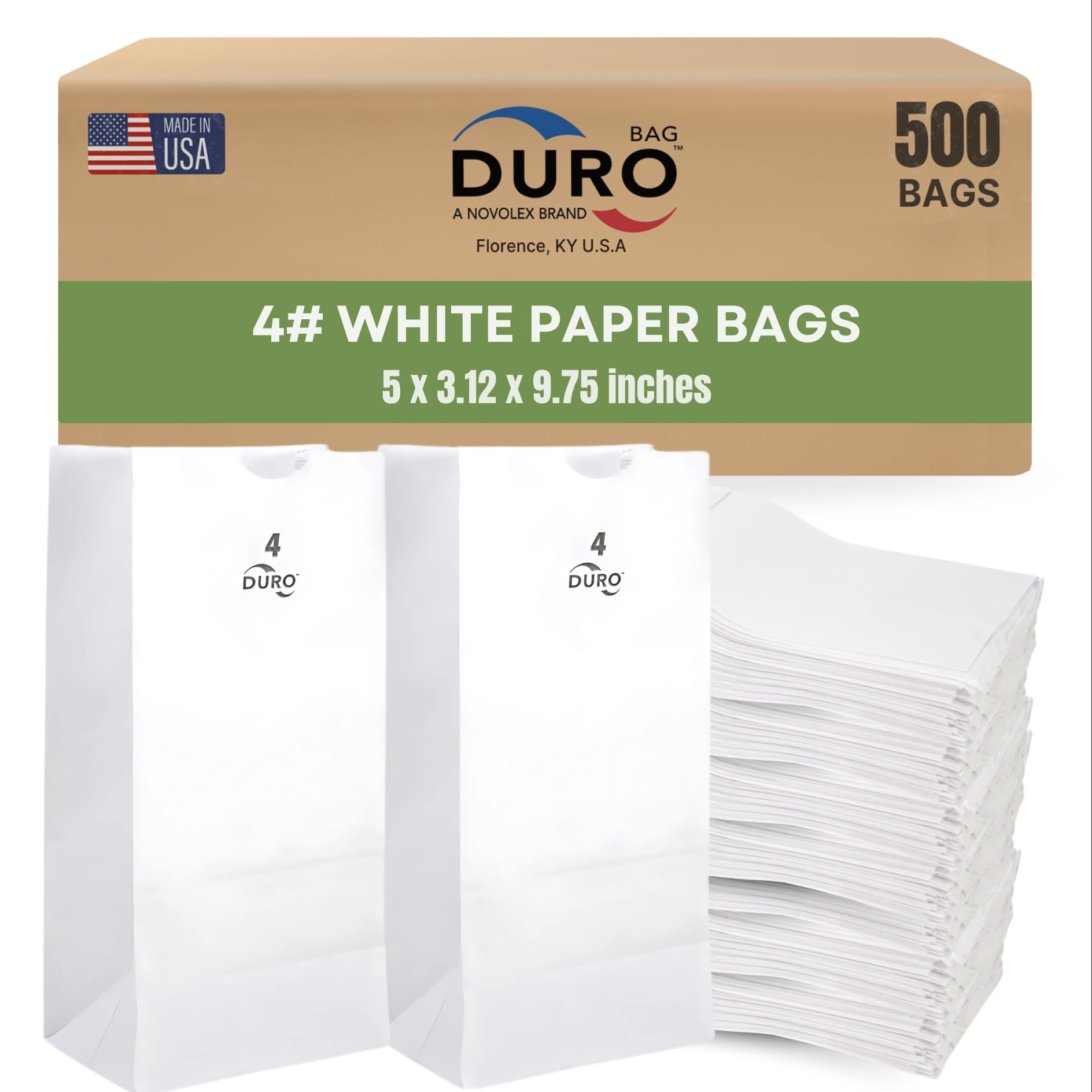 Duro 4# White Paper Bags 500-Count, White Paper Lunch Bags for Popcorn, Candy, Snacks & Treats