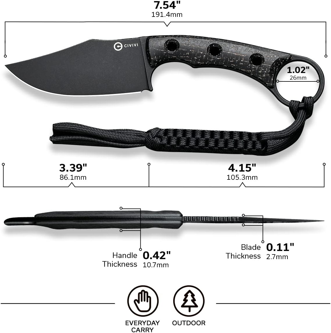 CIVIVI Midwatch Fixed Blade Knife, 3.39" Bohler N690 with Kydex Sheath