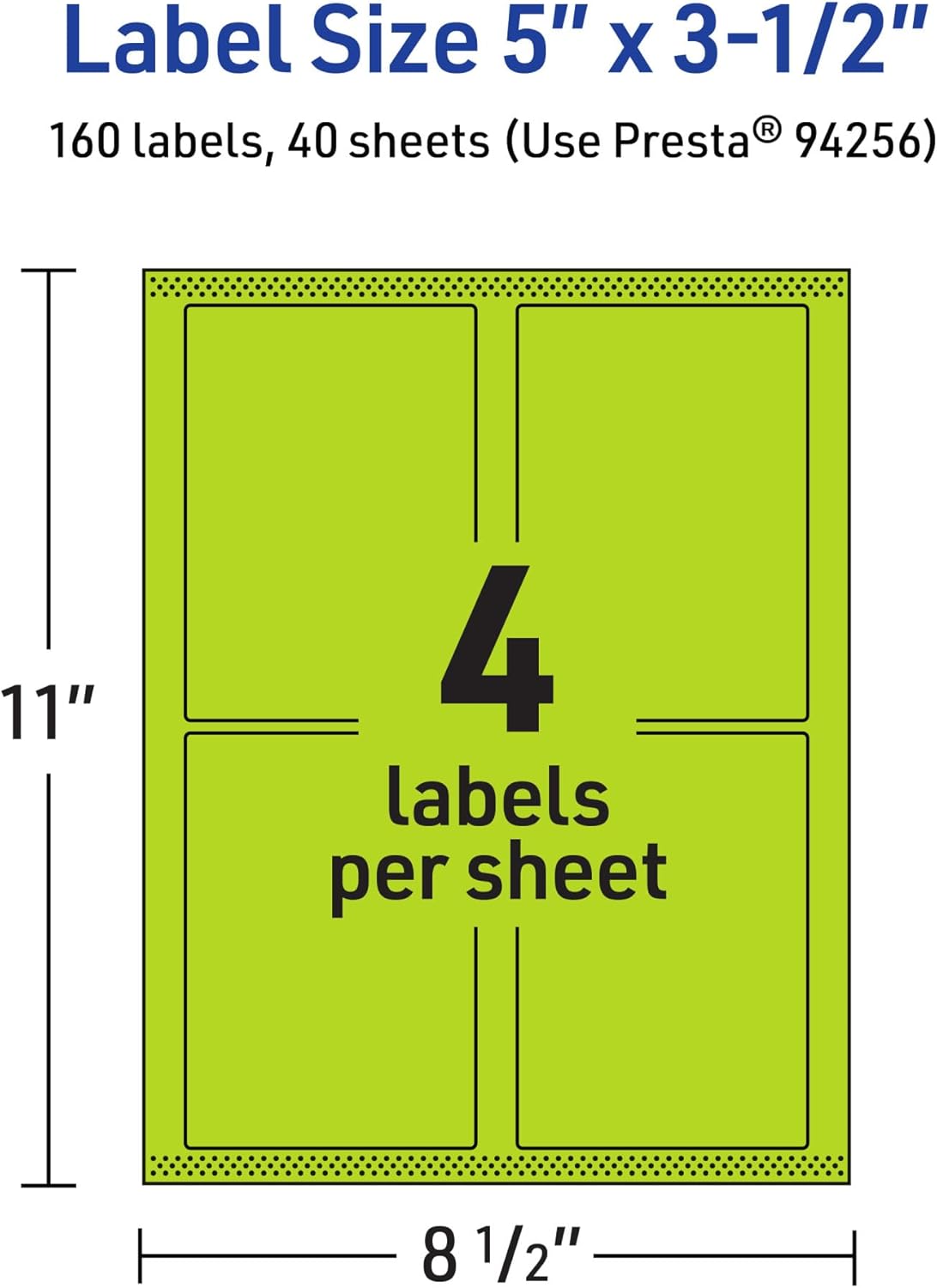 Avery Printable Rectangle Labels, Sure Feed Technology, 5 x 3-1/2, Bright Green