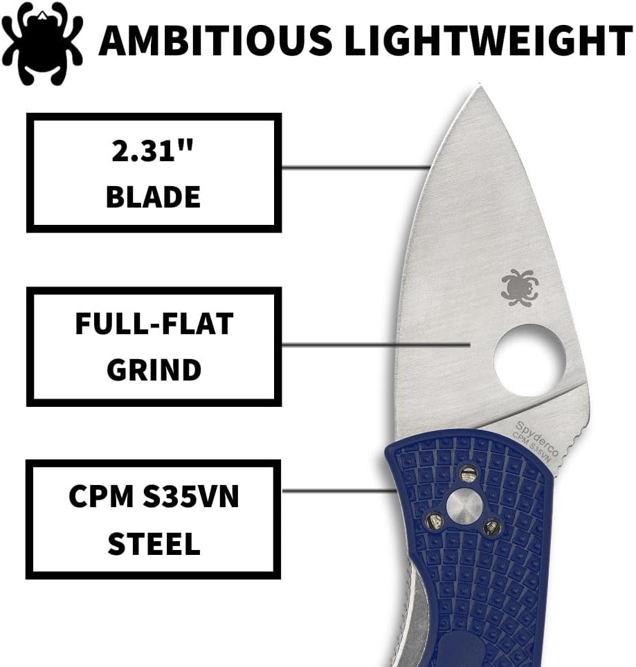 Spyderco Ambitious Lightweight Folding Pocket Knife with 2.31 Inch Steel Blade and Durable Blue FRN Handle - PlainEdge