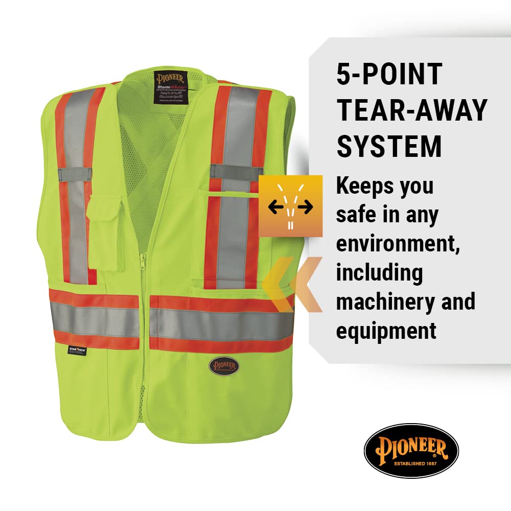 Pioneer Hi Vis Tear-Away Mesh Back Safety Vest - Reflective Tape, 4 Pockets
