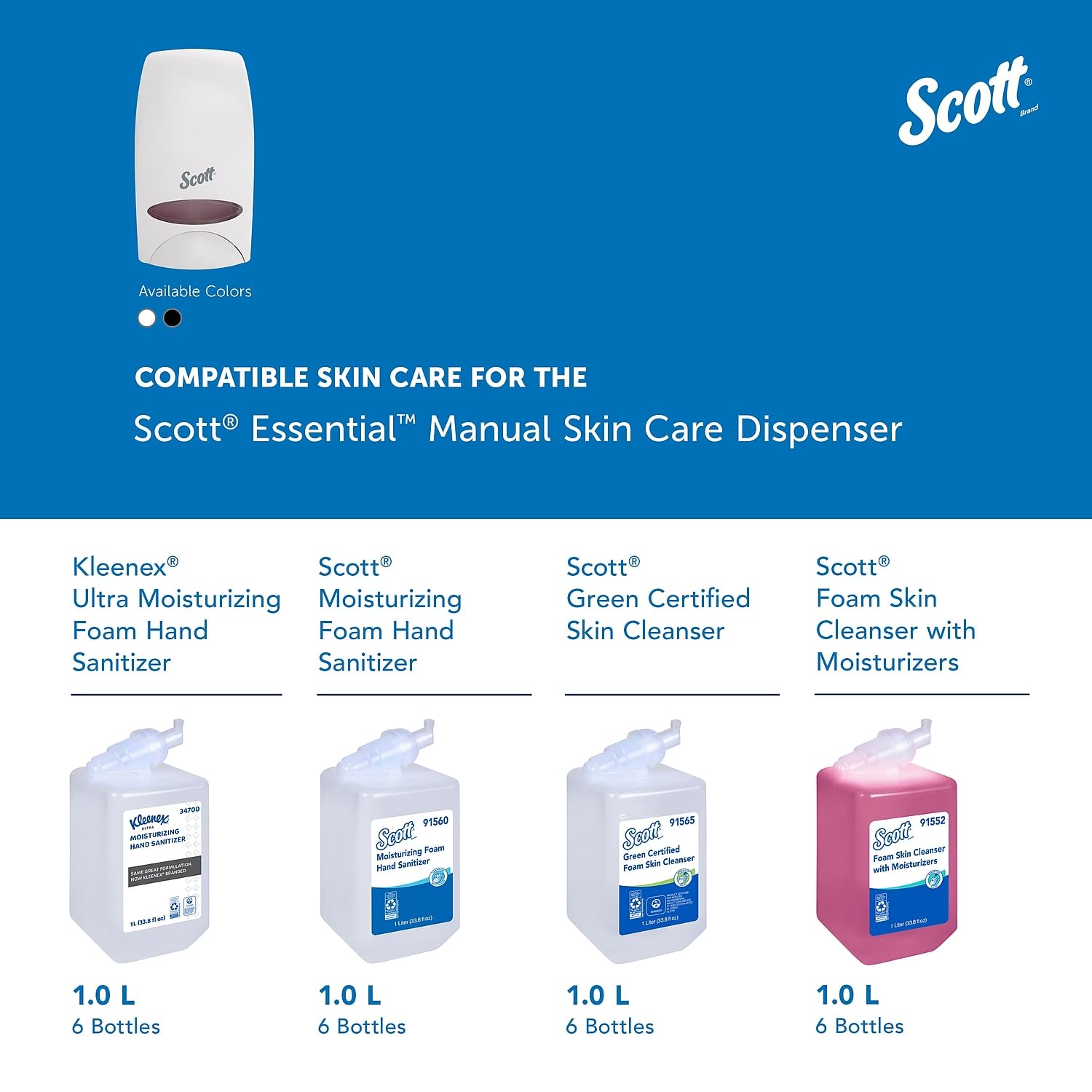 Scott® Essential™ High Capacity Manual Skin Care Dispenser (92144), White, 1.0 L capacity, 4.85" x 8.36" x 5.43" (Qty 1)