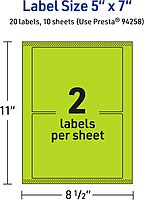 Avery Printable Rectangle Labels, Sure Feed Technology, 5" x 7", Bright Green Labels, Laser/Inkjet Printable, 20 Total, Great for Shipping and Packaging 20 labels