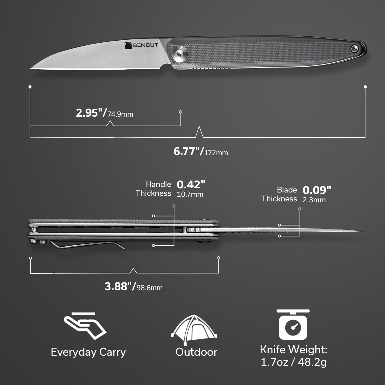 SENCUT Jubil Folding Pocket Knife D2 Wharncliffe, G10 Handle, Front Flipper