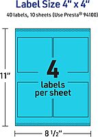 Avery Printable Square Labels, Sure Feed Technology, 4" x 4", Bright Blue
