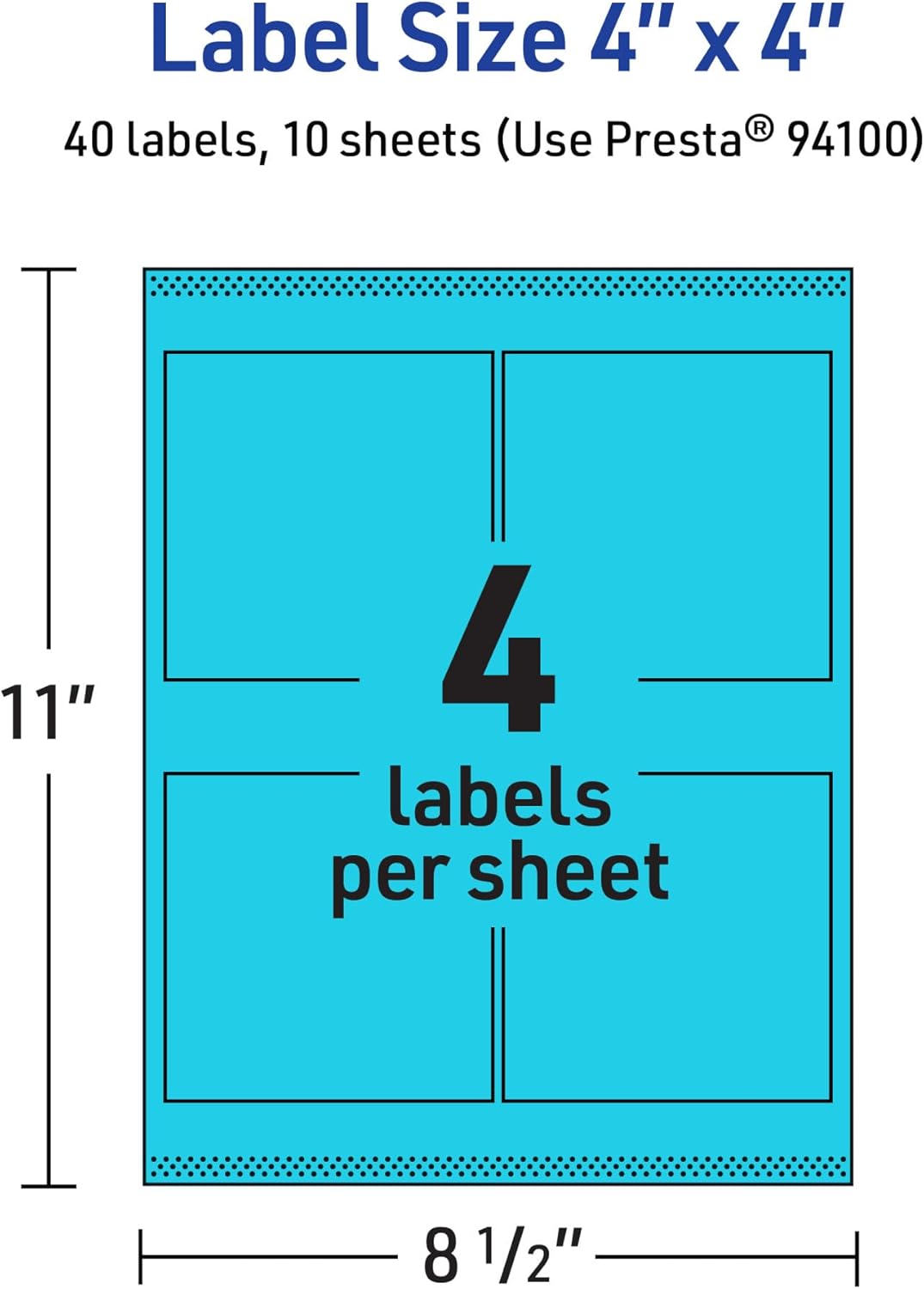 Avery Printable Square Labels, Sure Feed Technology, 4" x 4", Bright Blue