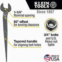 Klein Tools Heavy Nut Spud Wrench, Connecting Bar Lock Collar - 1-1/4" Bolt, 7/8" Round Bar