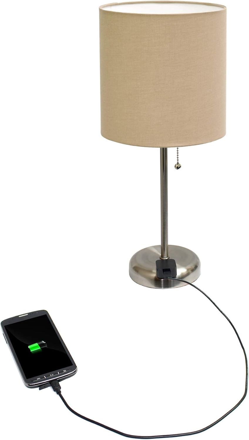 SIMPLE DESIGNS LT2024 Brushed Steel Stick Table Desk Lamp with Charging Outlet and Drum Fabric Shade