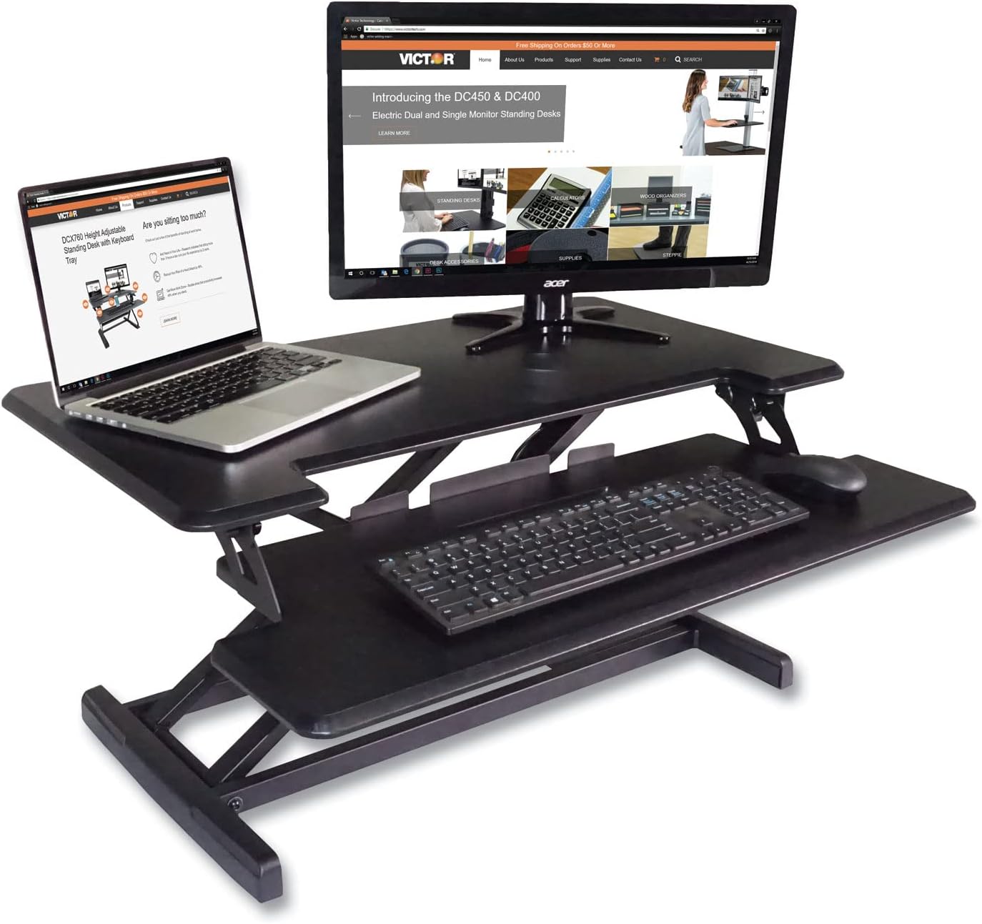 Victor DCX610 Height Adjustable Compact Standing Desk| Black| 33” Wide Sit-Stand Dual Monitor Desk and Laptop Riser