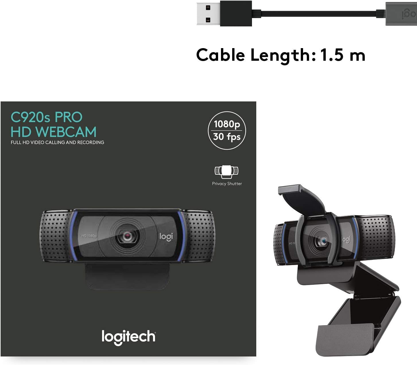 Logitech C920S HD Pro Webcam, Full HD 1080p/30fps Video Calling, Clear Stereo Audio, Light Correction, Privacy Shutter