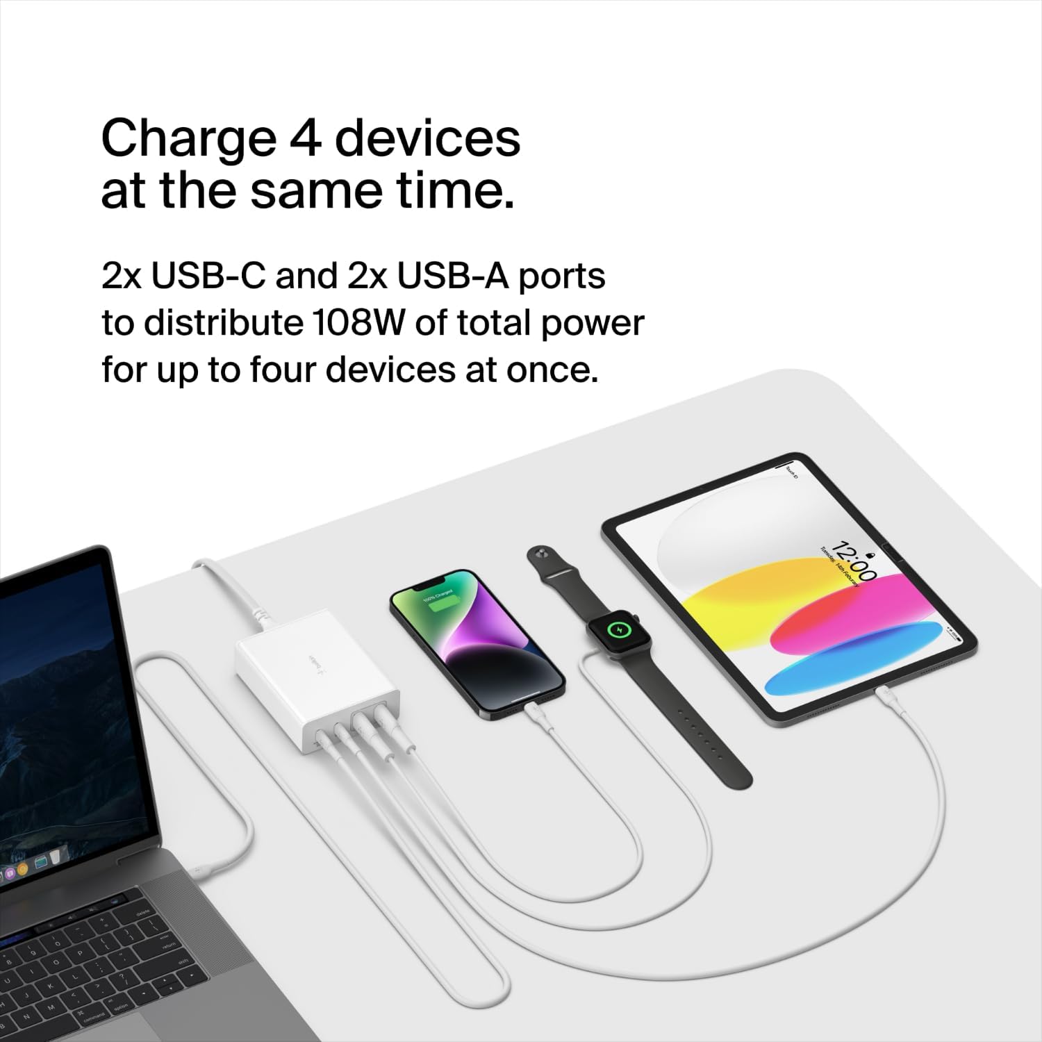 Belkin 4-Port Charger Block 108W - GaN Charger, Multi-Port w/ USB-C PD Fast Charge & USB-A Ports for Apple MacBook