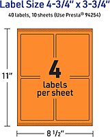 Avery Printable Rectangle Labels, Sure Feed Technology, 4-3/4" x 3-3/4", Bright Orange Labels, Print-to-The-Edge, Laser/Inkjet Printable, 40 Total, Great for Shipping and Packaging 40 labels