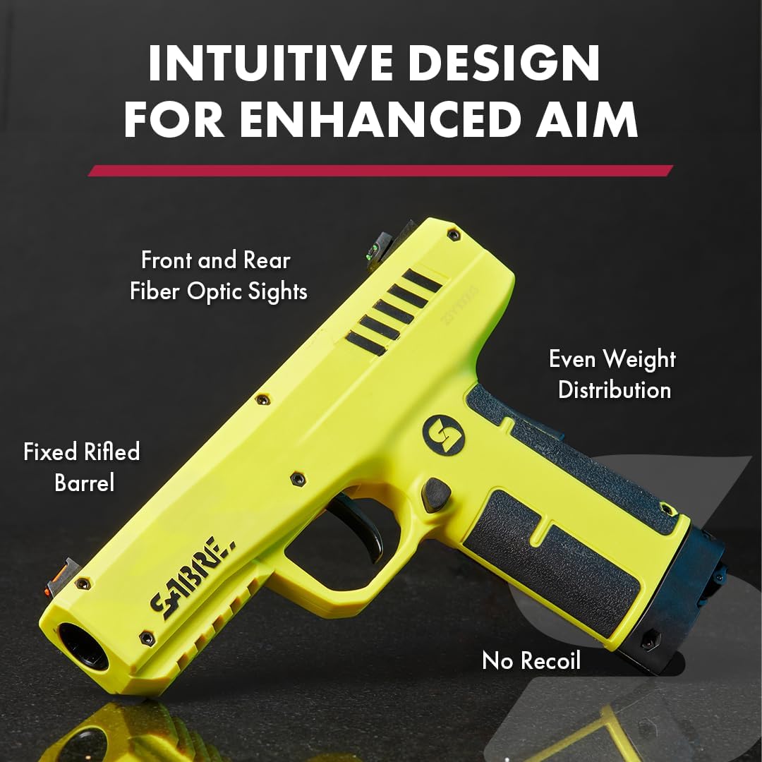 SABRE Pepper Projectile Launcher, Home Defense. Mag holds 7 .68 Caliber projectiles, Adjustable Fiber Optic Sights