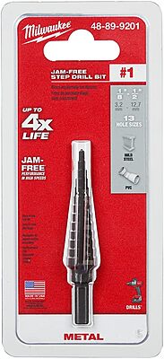 Milwaukee 48-89-9201 Step Drill Bit, 1/8"–1/2", 1/4" Shank, High-Speed Steel