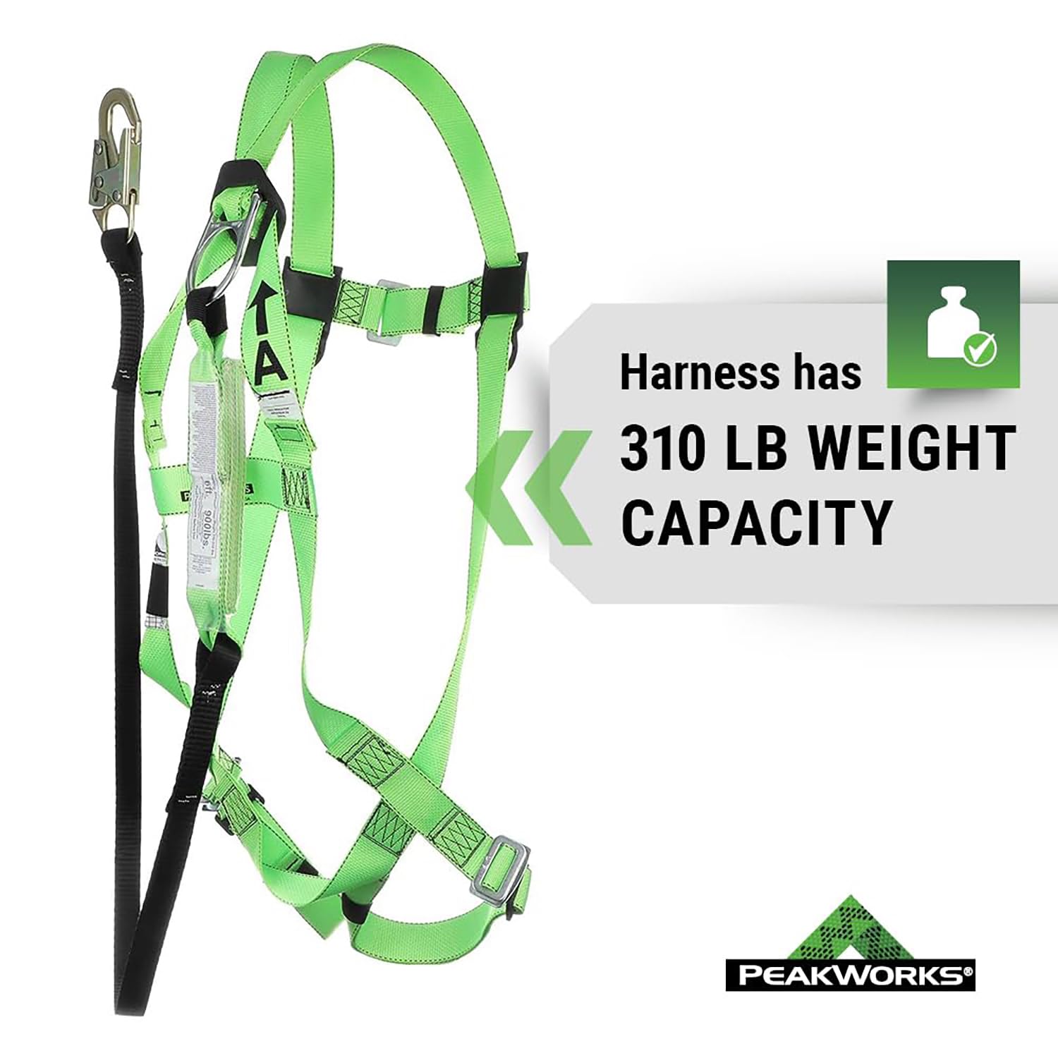 PeakWorks Safety Harness Fall Protection Lanyard Kit – Full Body, Industrial, ANSI Compliant, Adjustable, Hi Vis, 6 FT