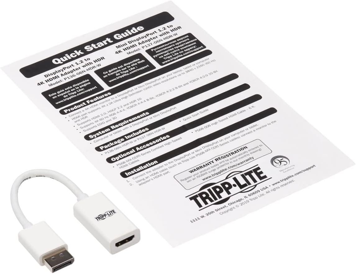 DisplayPort to HDMI Active Adapter 4K M/F White DP to HDMI 6in