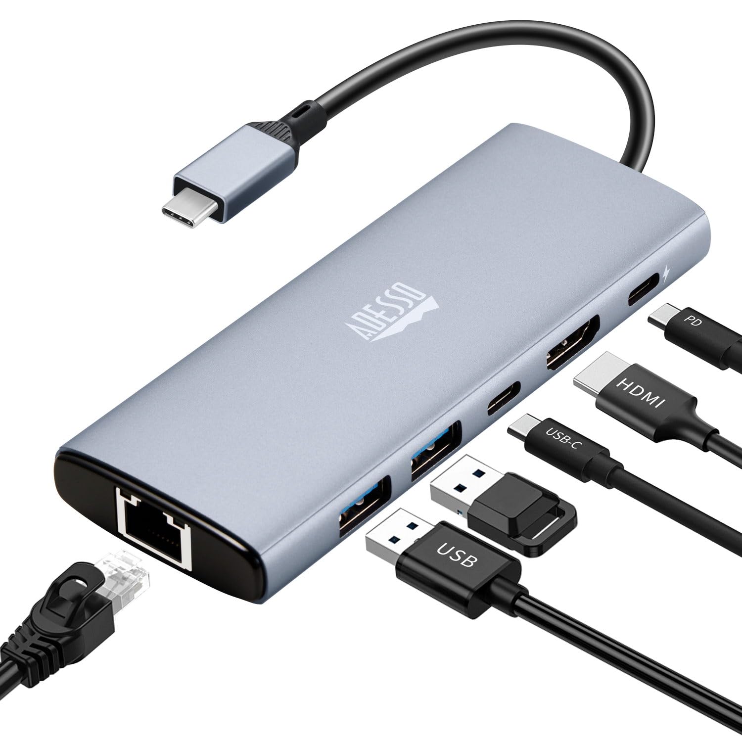 Adesso AUH-4035 7 in 1 Docking Station, Supports USB C to x1 4K HDMI, 3X USB-A 3.2, 1x PD, 1x Micro SD, 1x SD Card