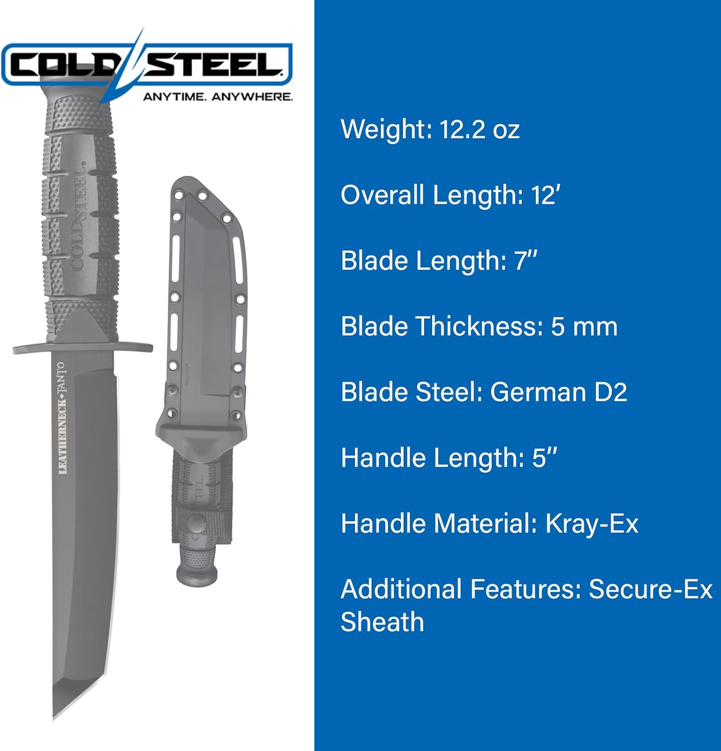 Cold Steel Leatherneck Tanto 7" German D2 Razor-Sharp Blade 5" Kray-Ex Durable Handle Tactical Military Knife withSecure-Ex