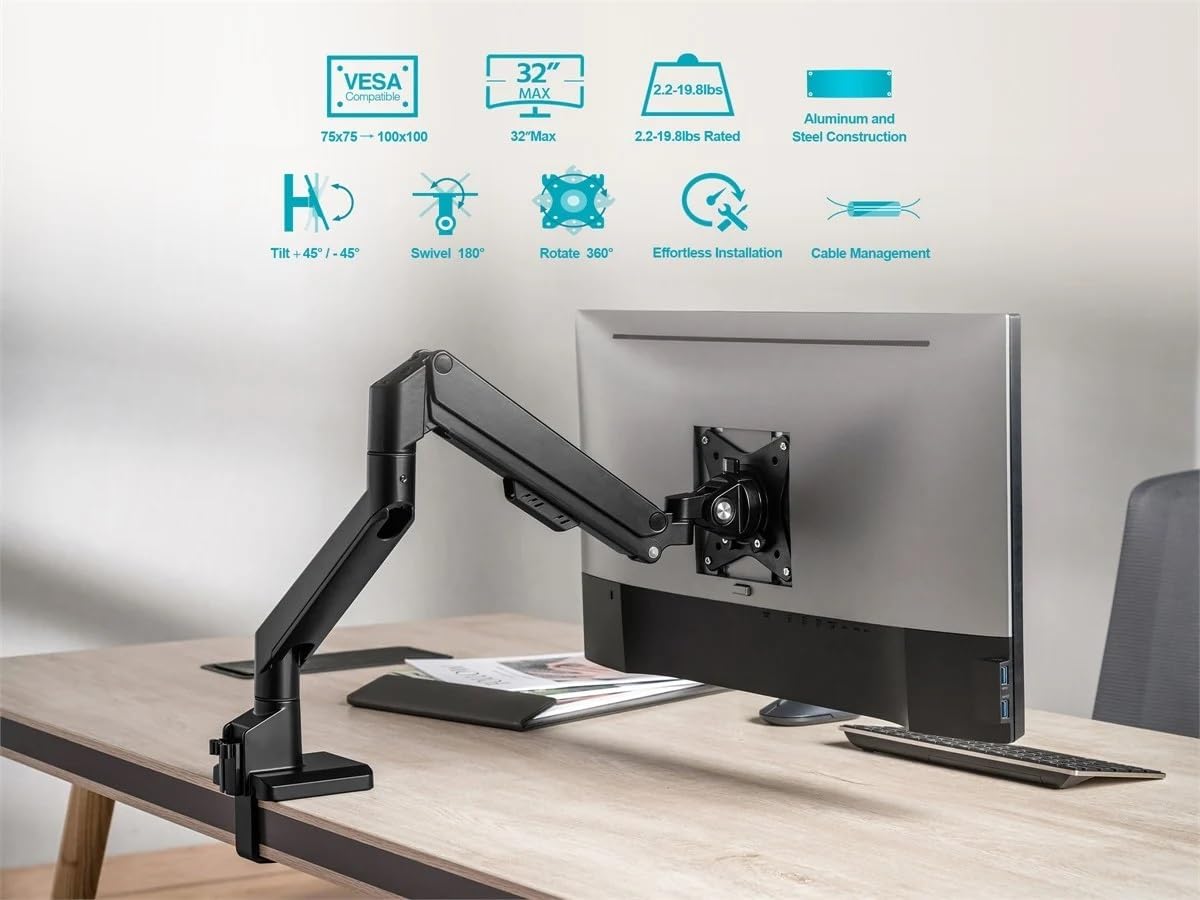Monoprice Low Profile Single Monitor Gas Spring Desk Mount - Up to 32in/19.8 lbs Screens
