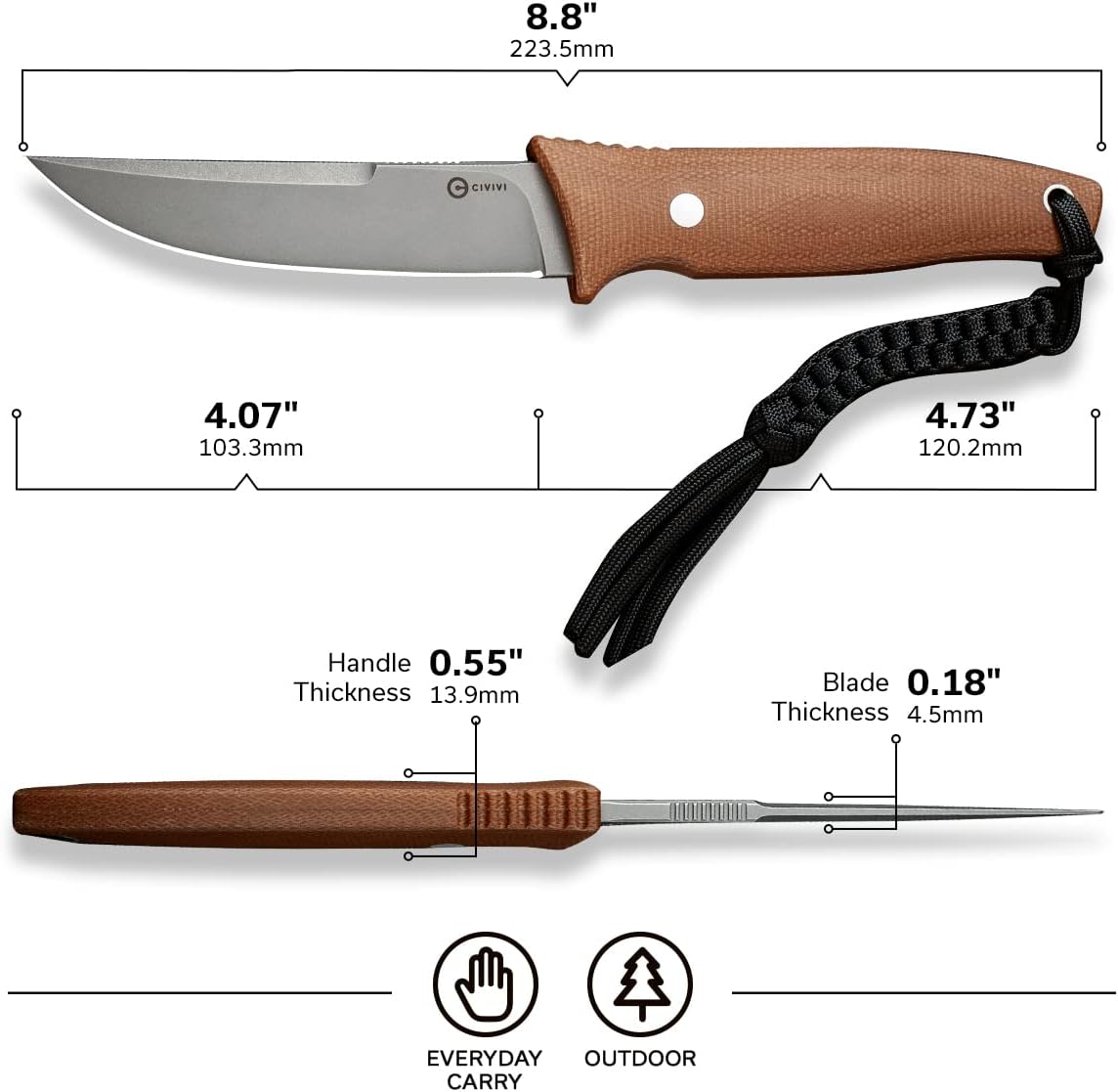 CIVIVI Tamashii Fixed Blade Knife, 4.07" D2 Blade Canvas Micarta Handle with A Kydex Sheath, T-clip