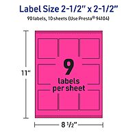 Avery Printable Square Labels, Sure Feed Technology, 2-1/2" x 2-1/2", Neon Magenta Labels, Laser/Inkjet Printable, 90 Total
