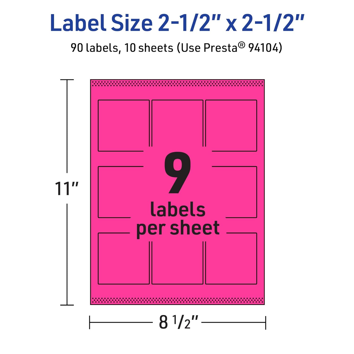 Avery Printable Square Labels, Sure Feed Technology, 2-1/2" x 2-1/2", Neon Magenta Labels, Laser/Inkjet Printable, 90 Total