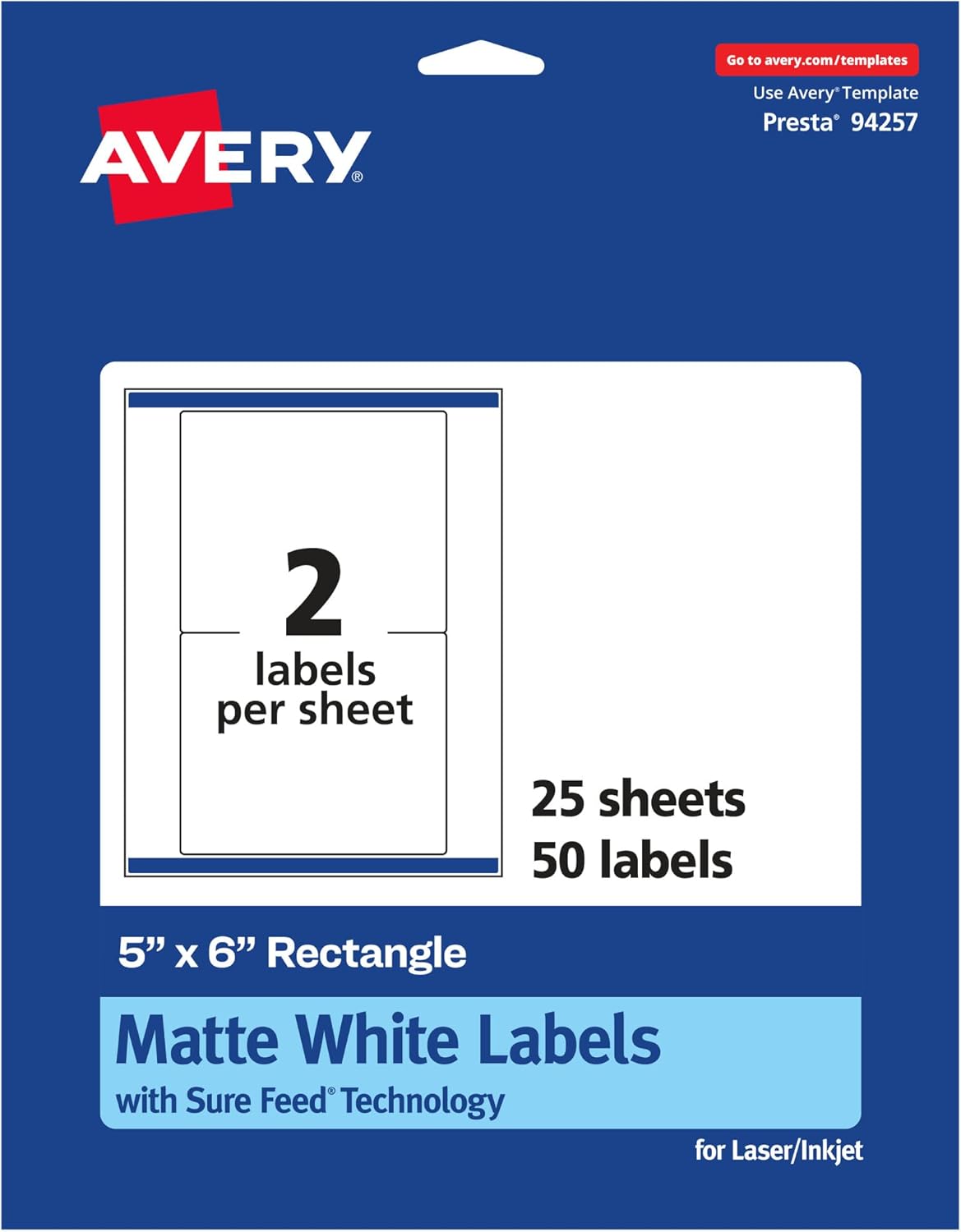 Avery Matte White Rectangle Labels, Sure Feed Technology, 5" x 6"