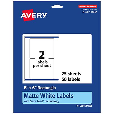 Avery Matte White Rectangle Labels, Sure Feed Technology, 5" x 6"