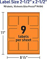 Avery Printable Square Labels, Sure Feed Technology, 2-1/2" x 2-1/2", Bright Orange Labels, Laser/Inkjet Printable, 90 Total, Great for Jars and Packaging 90 labels